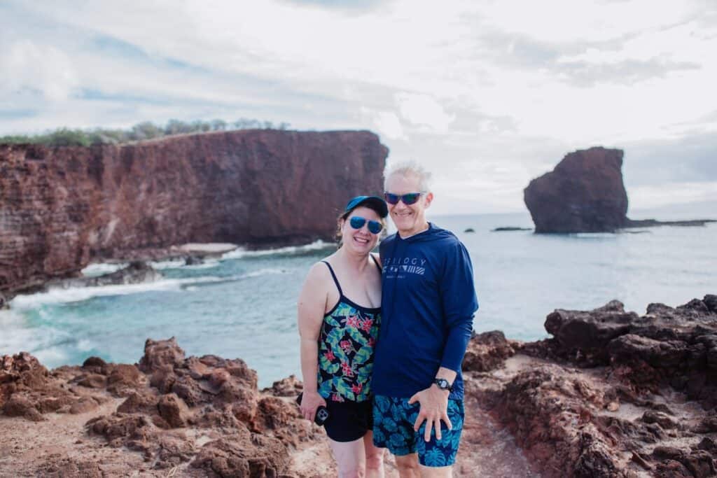 Me and my husband in front of Sweetheart Rock off the coast of Lanai