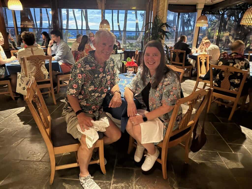 My husband and I inside Mama's Fish House on Maui
