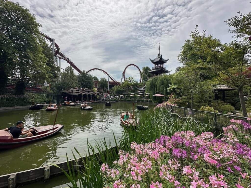 Garden View of garden and rides at Trivoli Gardens in Copenhagen