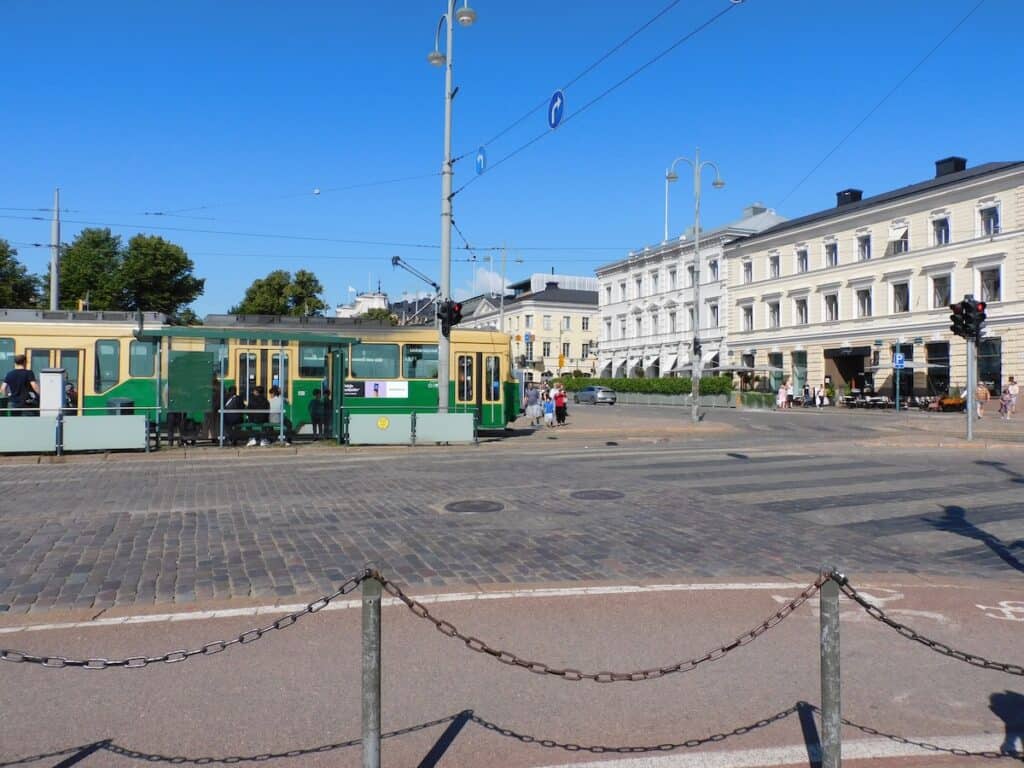 Helsinki Tram near the Market Square and Harbor in Helsinki