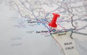 Road Trip from LA to San Diego - Map with red thumb tack on San Diego