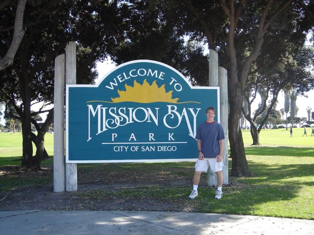 Mission Bay Park Sign located at parking for Mission Bay Beach