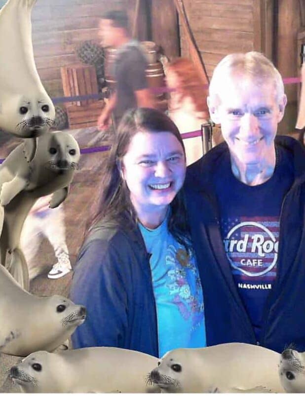 My husband and I at the photo booth outside the sealion show