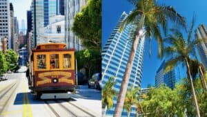 San Francisco vs San Diego. San francisco cable car on the left and San Diego Skyline on the right