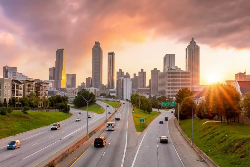 Downtown Atlanta center area skyline cityscape of USA at twilight