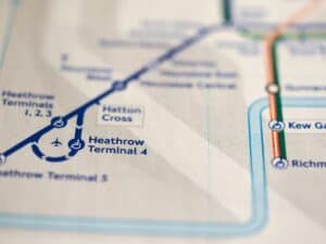 Map of underground in London of the Elizabeth Line coming into Heathrow Terminal 4