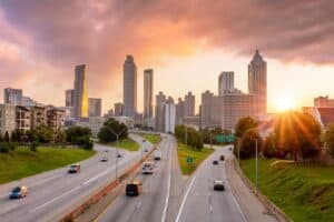 Downtown Atlanta center area skyline cityscape of USA at twilight