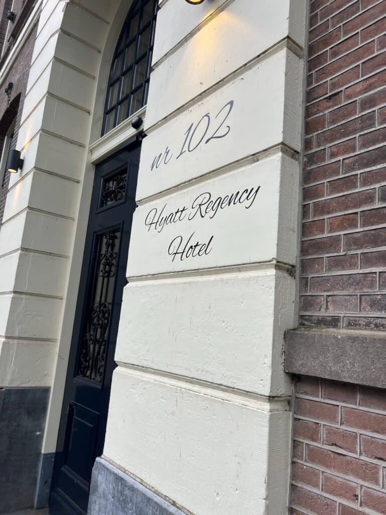 Address at sign outside of the Hyatt Regency Amsterdam