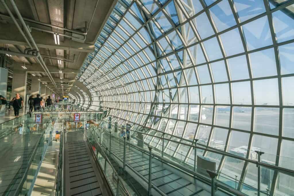 walk in terminal of Suvarnabhumi Airport in Bangkok, Thailand. Suvarnabhumi Airport is one of two international airports serving Bangkok.