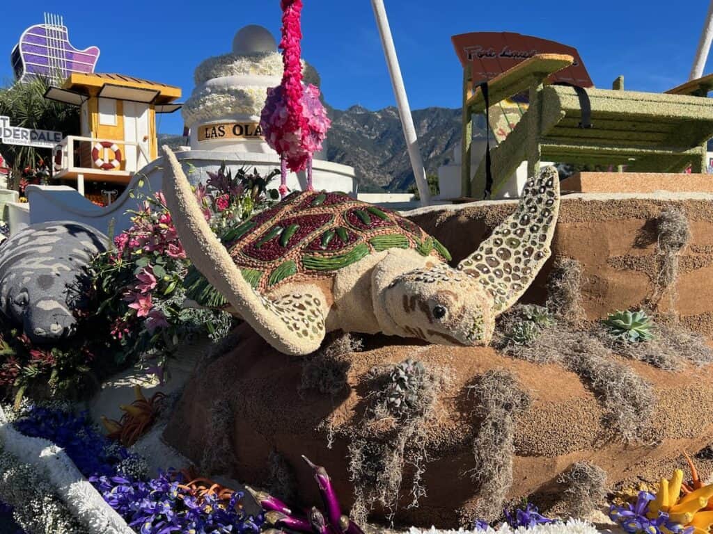 Very detailed sea turtle on a rose parade float