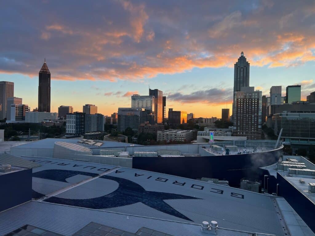 Overlooking the geogia aquairum from a high floor at a hotel in downtown atlanta
