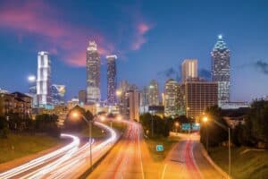 Downtown Atlanta center area skyline cityscape of USA at twilight