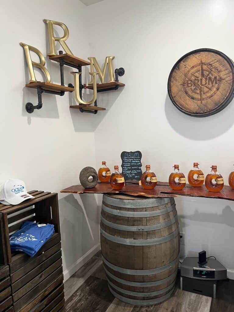 Display of the premium Bruum Rum in the gift shop at Ocaan Vodka