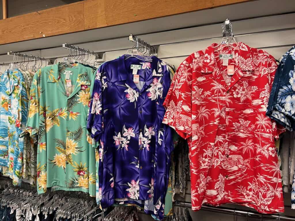 Brightly colored Hawaiian shirts in a shop on Maui