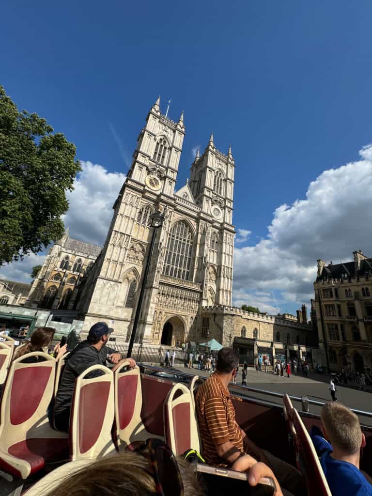 Westminster Abbey from a double decker tour bus in London
