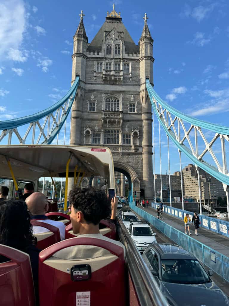 London Bridge photo taken from the top of.a double decker tour bus