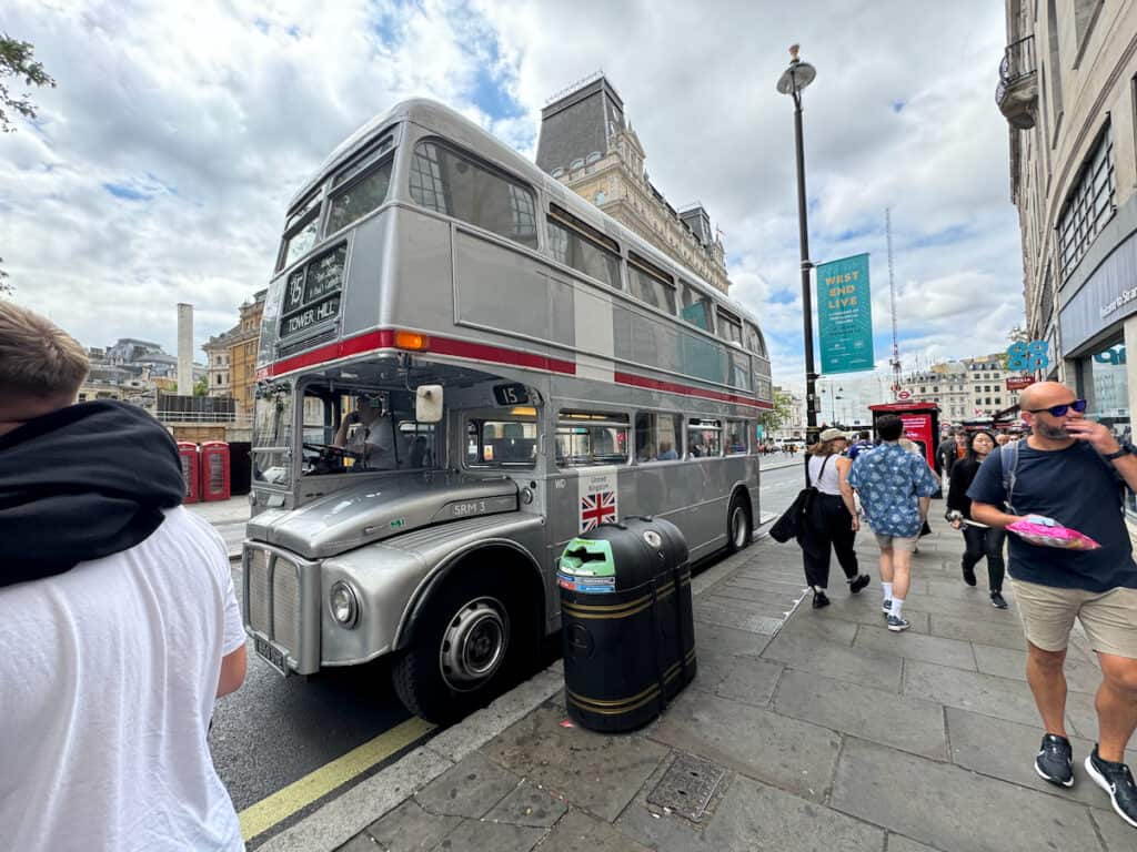 Grey Vintage double decker bus in London