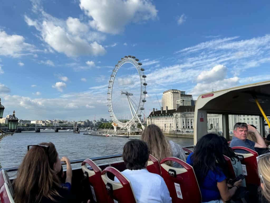 London Eye taken from the top deck of a double decker tour bus
