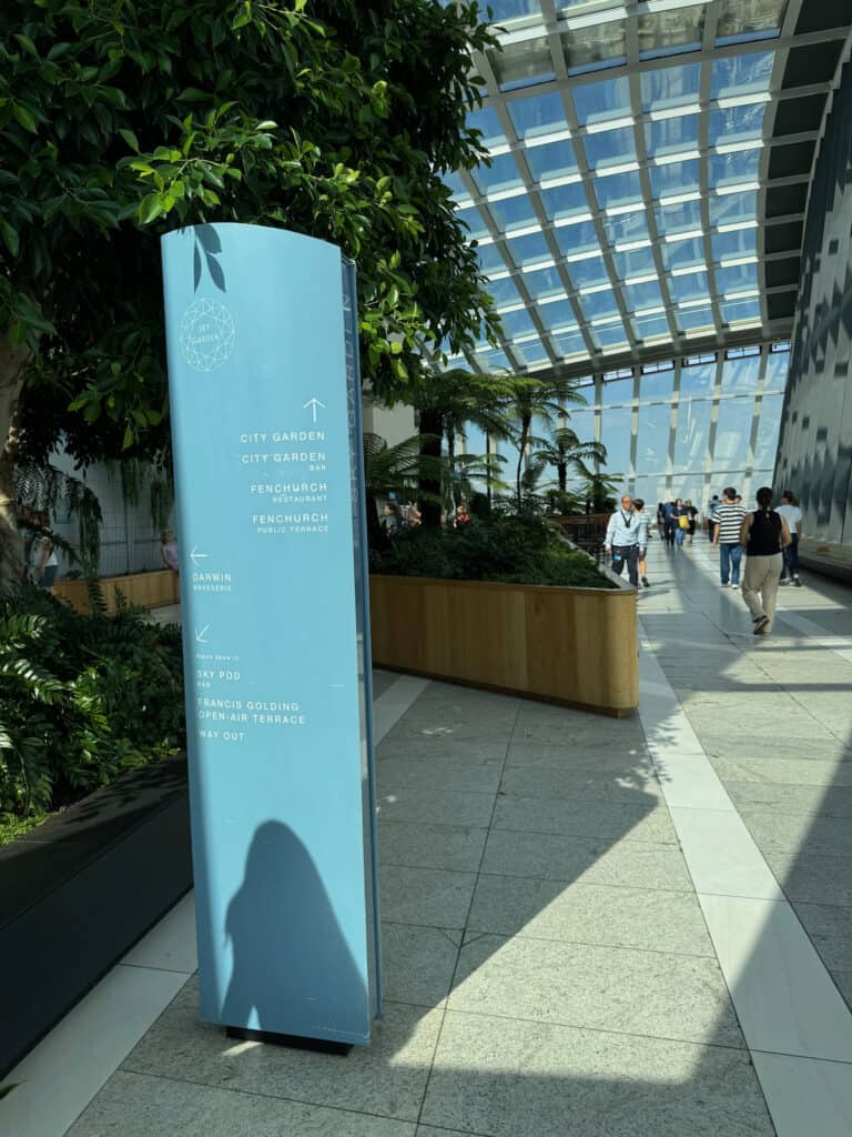 Sign giving directions to the restaurants and bars on the sky garden floor