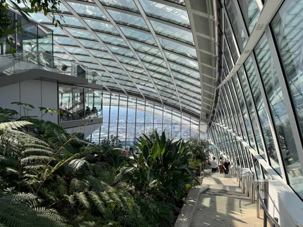 Looking down toward the front of the sky garden building from the top level