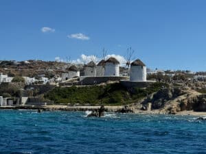 Windmills of Kato Mili on the coast of Mykonos Greece