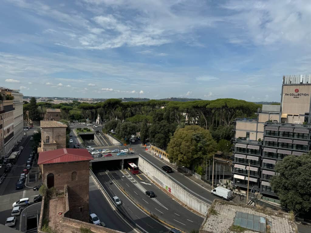 View of the Villa Borghese Park from the rooftop bar at the Tribune in Rome