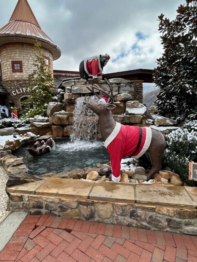 Deer and Bear dressed as santa for the holidays at Anakeesta