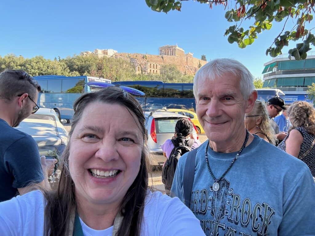 My husband and I with the Acropolis in the background