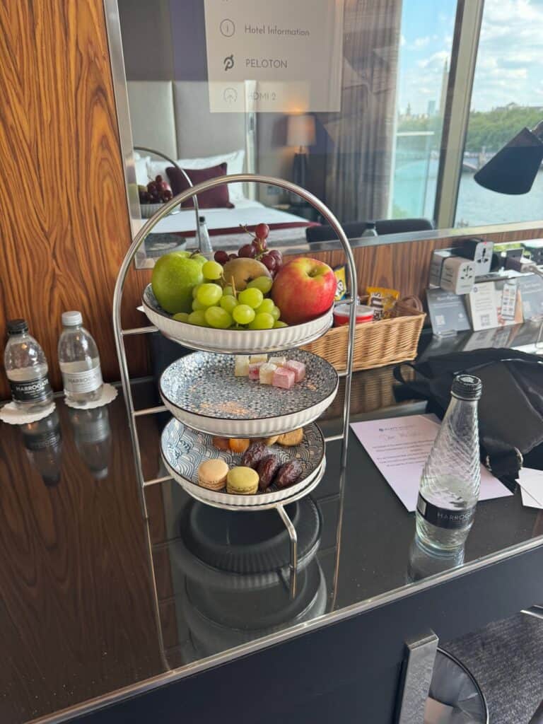 Fruit and snack left in room at Hyatt Regency London Albert Embankment Hotel