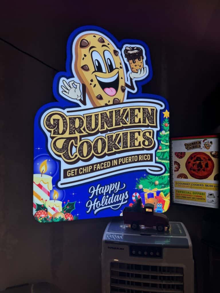 Drunken Cookies sign inside the drunken Cookies shop in San Juan