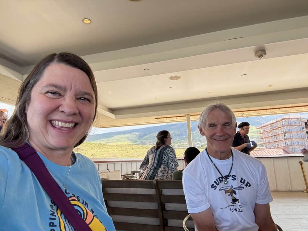 My husband and I at the chocolate tasting area upstairs at Kuia Estate Maui Chocolate Factory