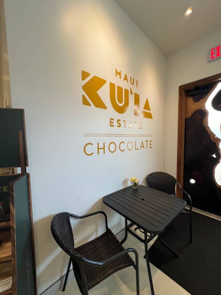 Table inside of Ku'ia Estate Chocolate Factory in Lahaina, Maui