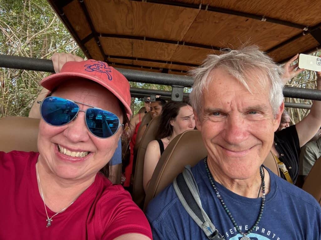 My husband and I on the open aired truck used for the Kauri Rum Safari Tour