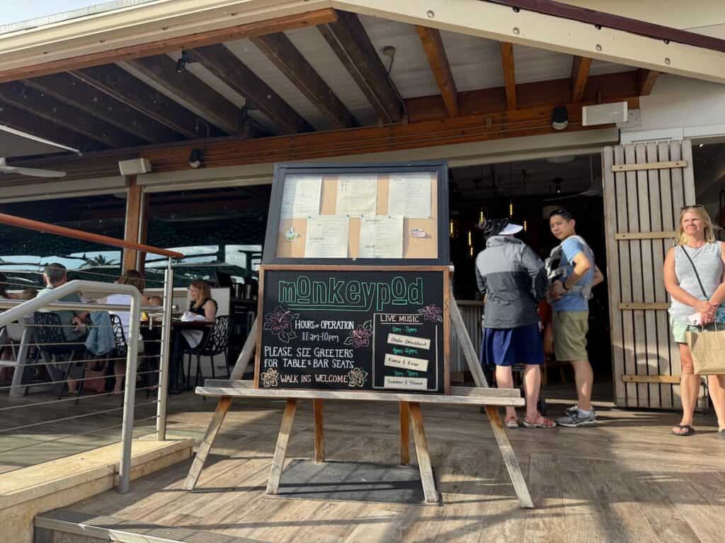 Signage outside looking at the patio easint at Monkeypod Kaanapali