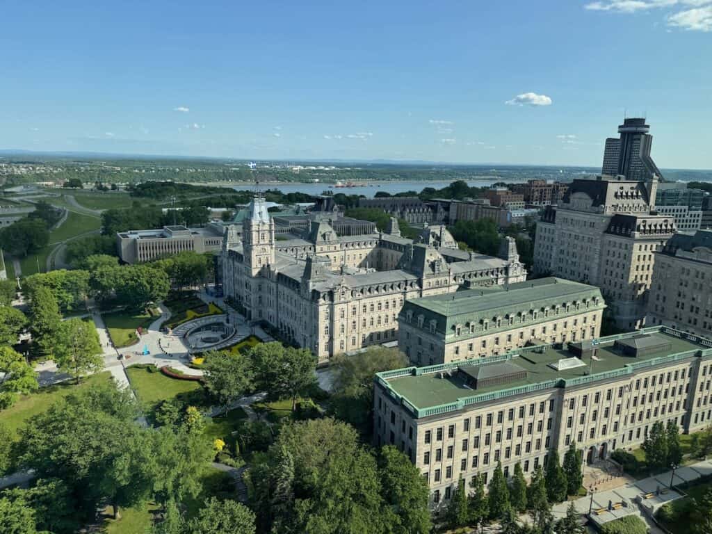 View of the Parliment Building with the St Lawerance river in th background from the 20th floor of Hilton Quebec City Hotel