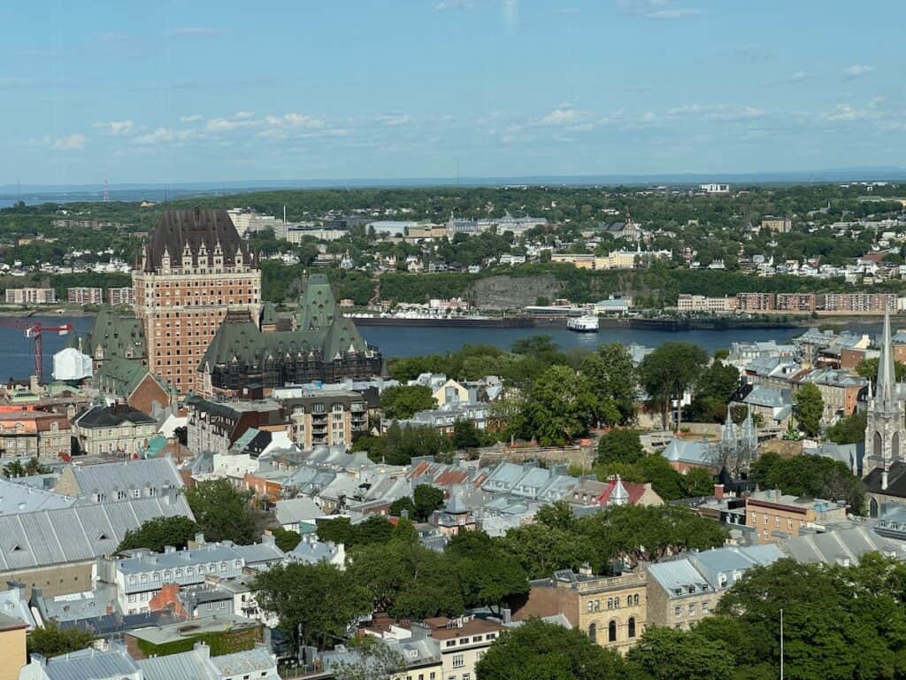 View from Executive Lounge at Hilton Quebec City Hotel of the St Lawernce river and Chateua Frontenac