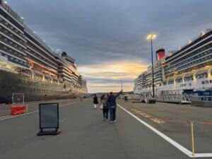 Two cruise ships at the dock at the cruise ship terminal in Victoria BC Canada