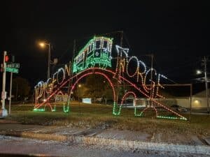 Pigeon Forge Christmas lights with the trolley in lights