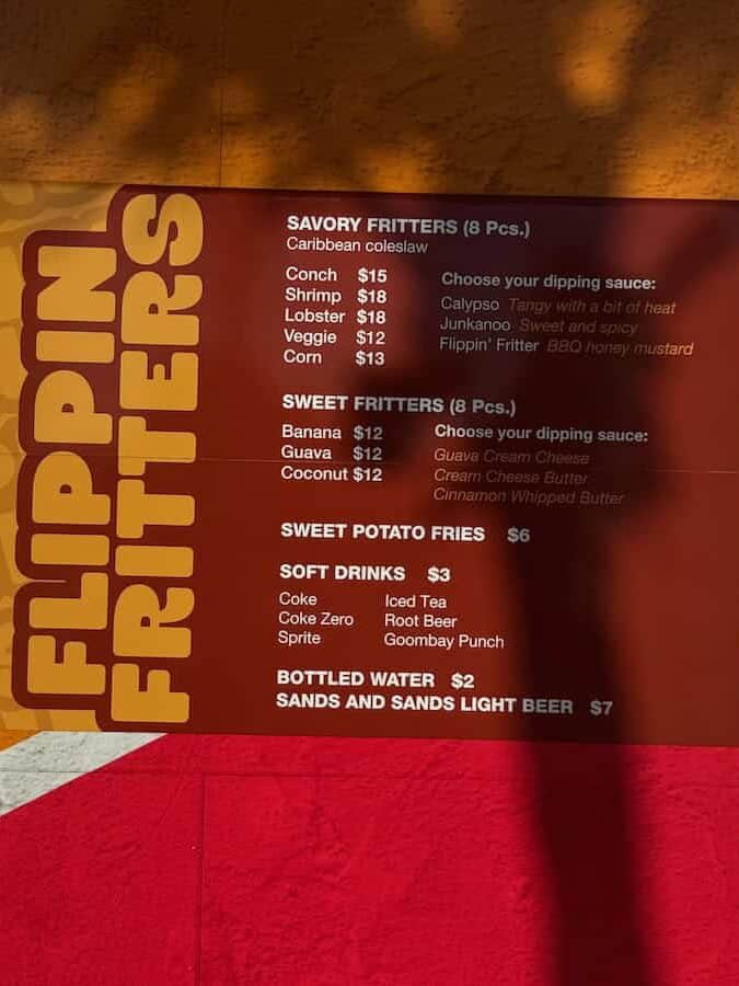 menu for Flippin Fritters food truck on celebration key