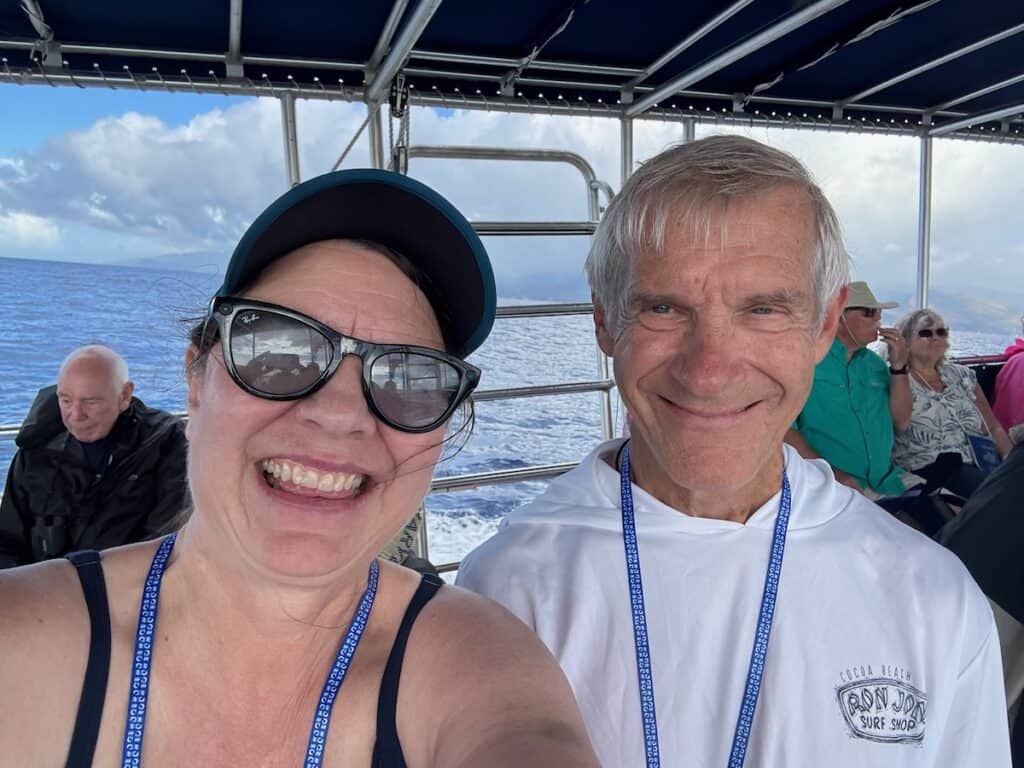 My husband and I on a whale and dolphin excursion off the coast of Dominca