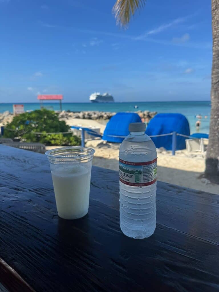 Pina Coloda and cold water from the bar on Princess Cays
