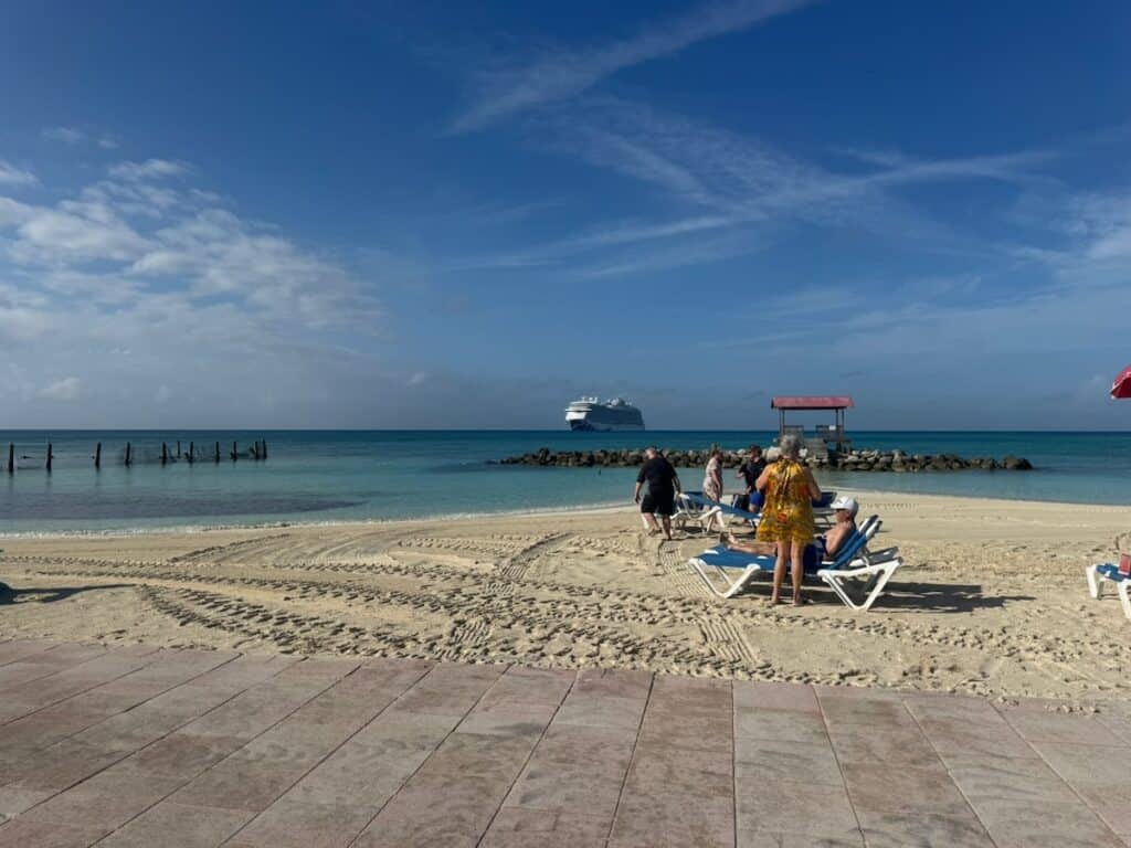 Beach area on Princess Cays with Cruise ship in the background