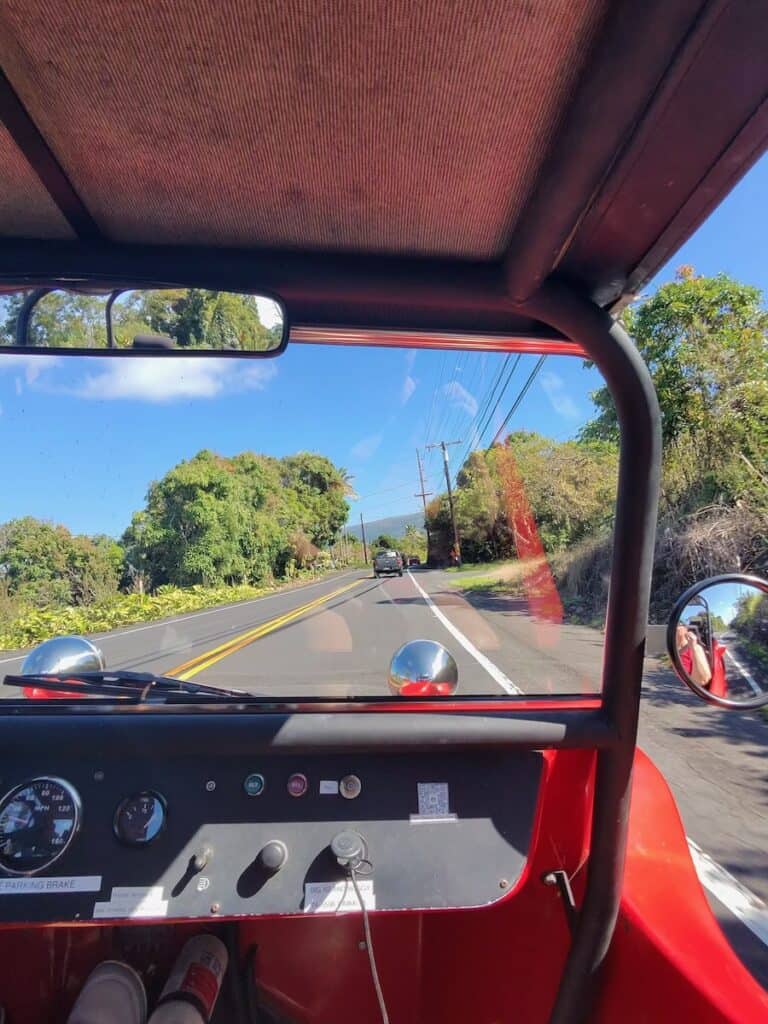 View from the passenger seat of our red Big Island Buggy