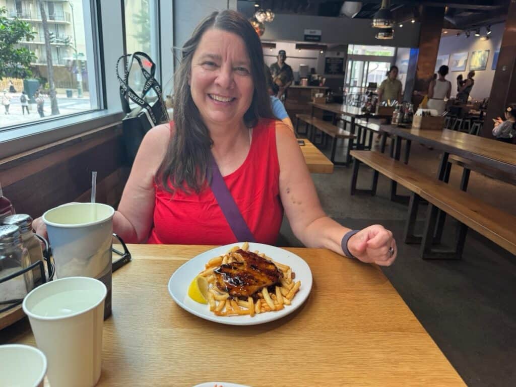 Me with my Teriaki Chicken at Paia Fish market in Waikiki Beach