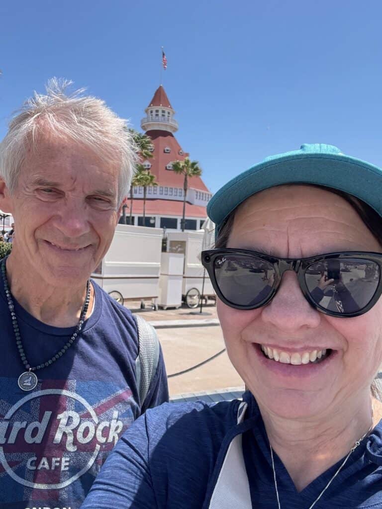 My husband and I in front of Hotel Del Coronado