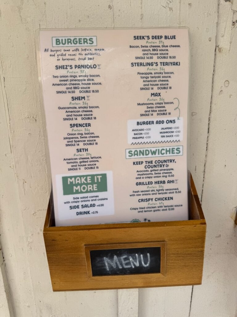 Menu of Burgers and Sandwiches at Seven brothers Kahuku