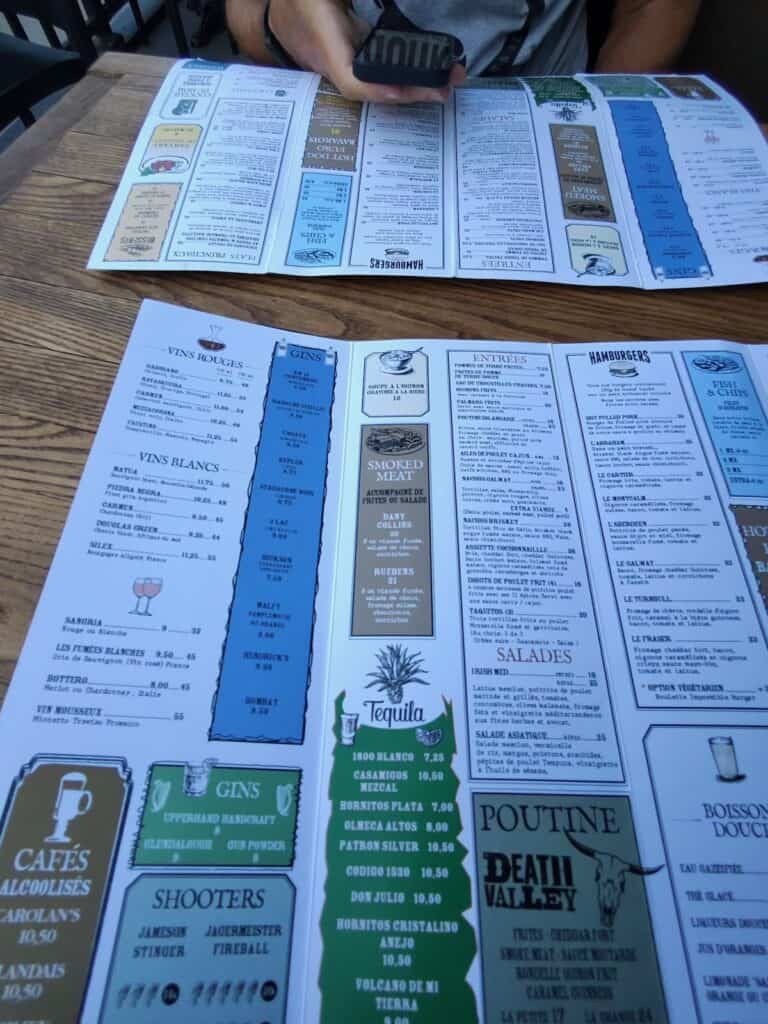 Menu at Galway Pub in Quebec City