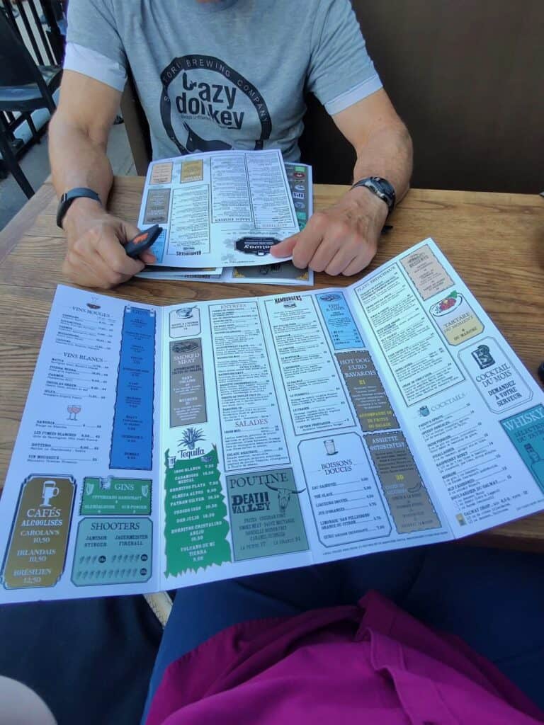 Menu at Galway Pub in Quebec City